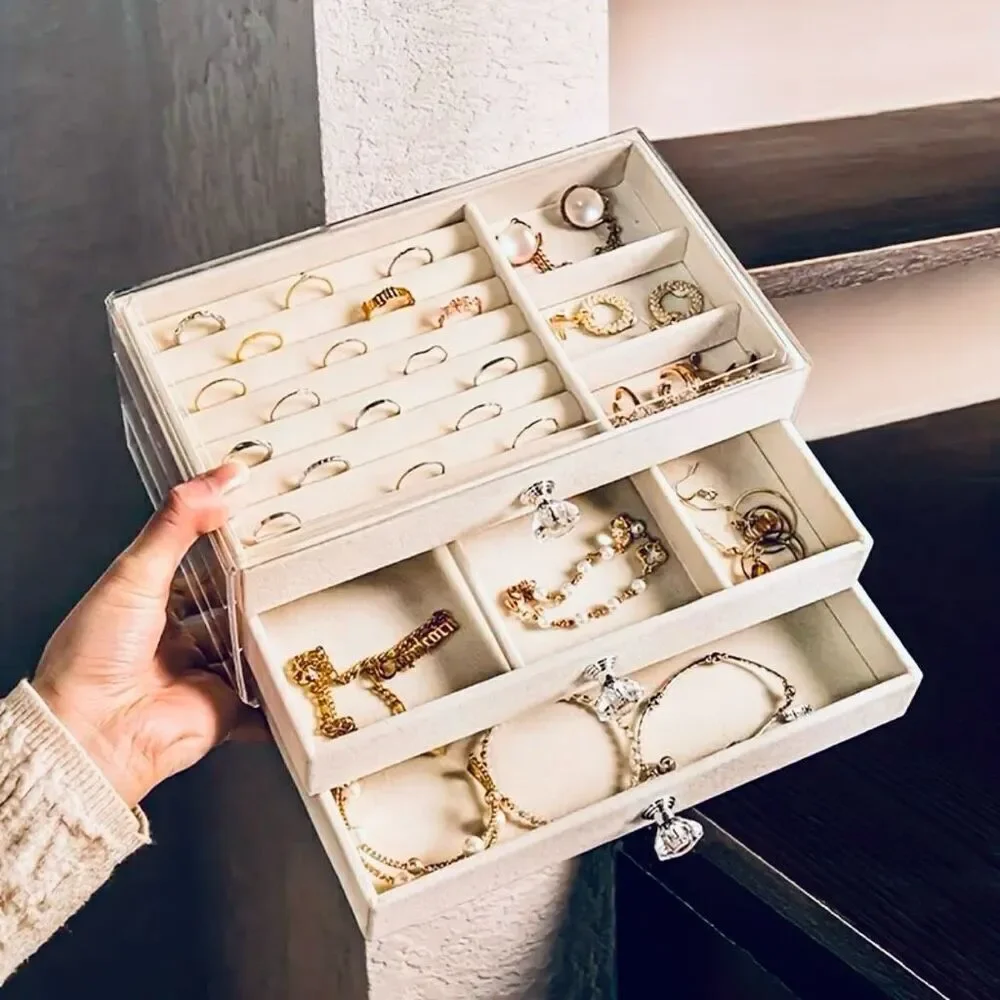 NWT 3 Tiers Beige Jewelry Box Case  Jewelry Organizer Rings, Earrings Bracelets
